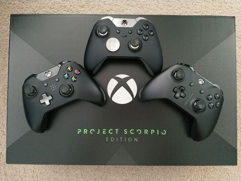 Xbox One X Project Scorpio with various Xbox One controllers